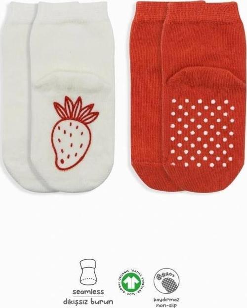 Nessiworld Bistyle Meyve Figürlü Kaymaz Soket Çorap 2'Li BS10105 Kırmızı Ekru