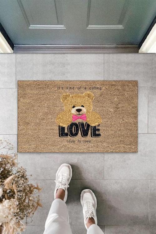 Büro Ev Ofis Yazlık Kapı Önü için Bej Love To Love Ayıcık Temizlik Paspası