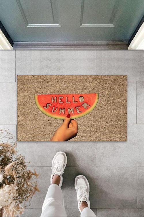 Büro Ev Ofis Yazlık Kapı Önü için Bej Hello Summer Dilim Karpuz Paspası