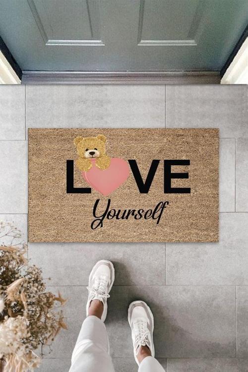 Büro Ev Ofis Yazlık Kapı Önü için Bej Love Yourself Ayıcık Temizlik Paspası