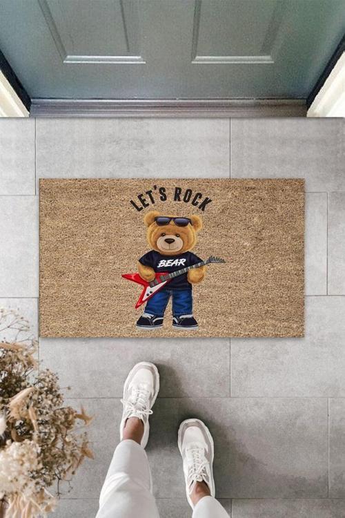 Büro Ev Ofis Yazlık Kapı Önü için Bej Let's Rock Ayıcık Motifli Temizlik Paspası