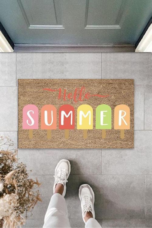 Büro Ev Ofis Yazlık Kapı Önü için Bej Hello Summer Dondurma Temizlik Paspası