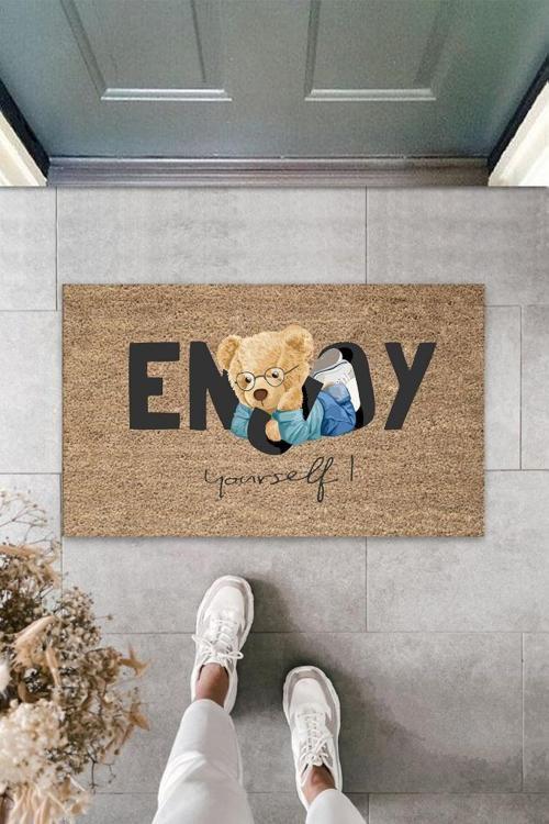 Büro Ev Ofis Yazlık Kapı Önü için Bej Enjoy Yourself Ayıcık Temizlik Paspası