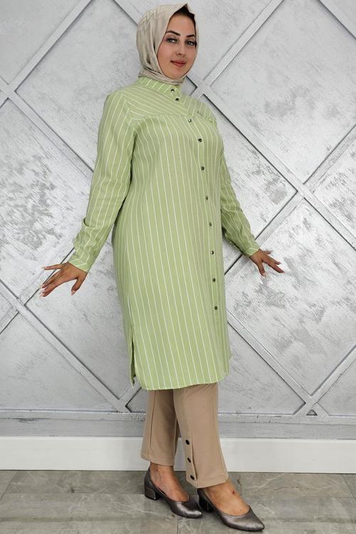 KADIN BROŞLU ÇİZGİLİ KETEN TESETTÜR GÖMLEK