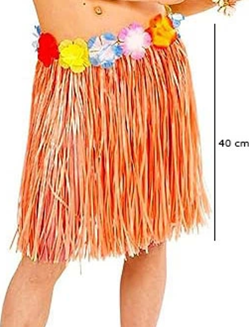 Yetişkin Ve Çocuk Uyumlu Turuncu Renk Püsküllü Hawaii Luau Hula Etek 40 Cm