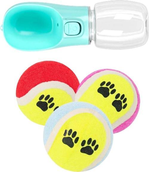 ® 3'lü Tenis Topu Kedi Köpek Oyuncağı+ Taşınabilir Evcil Hayvan Suluğu Seyahat Kabı  350 ml