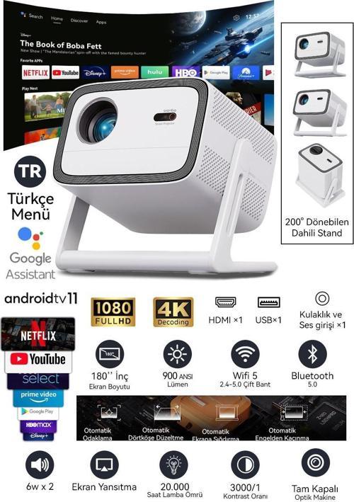 Vali 1 Projeksiyon Cihazı | 900 ANSI Lümen, Android TV, Dahili Stand