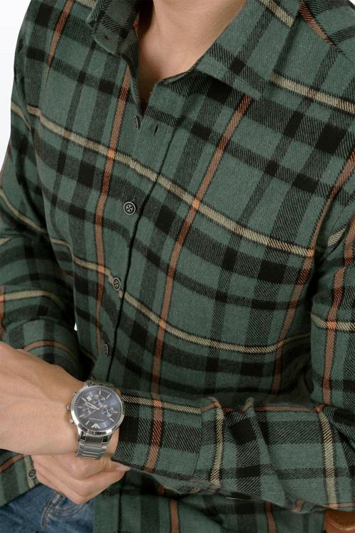 Yeşil Turuncu Çizgili Slimfit Oduncu Erkek Gömlek