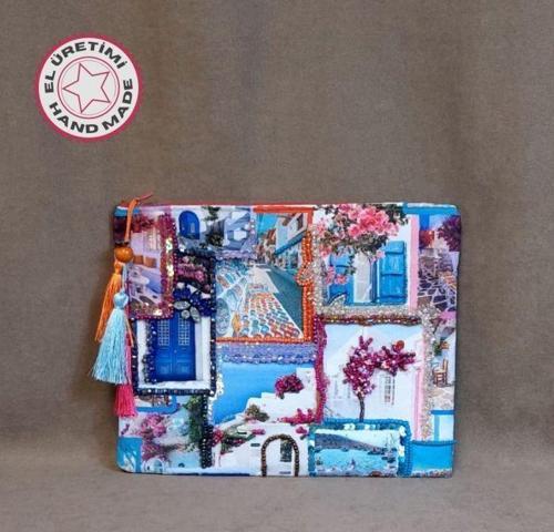 - Sümeyya 2589 3889 El Yapımı Etnik Bodrum Desenli Boncuk Ve Taş İşlemeli - Renkli Püsküllü Clutch Çanta
