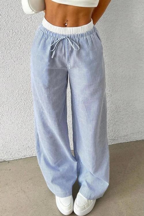 Açık Mavi Beyaz Çizgili Yüksek Bel Rahat Kesim Pantolon