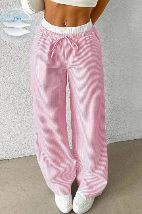 Pembe Beyaz Çizgili Yüksek Bel Rahat Kesim Pantolon