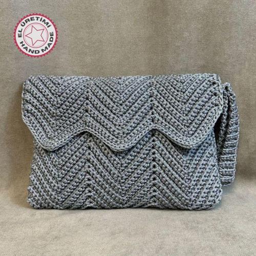 - Hülya 6683 5840 El Örgüsü Gri Makrome İp Clutch - Portföy Çanta