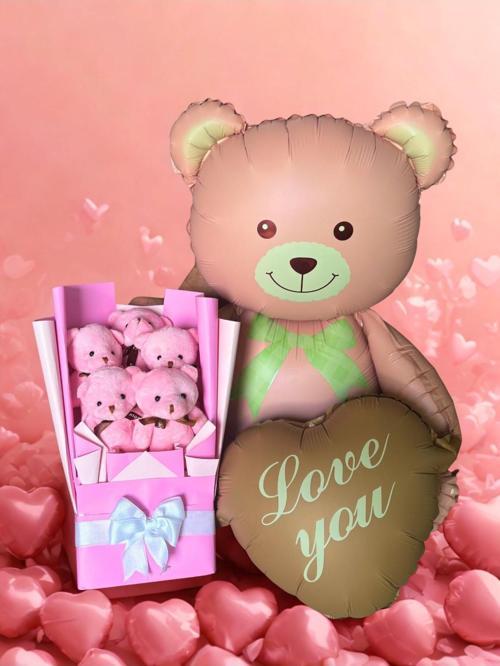 Kalpli Balonlu Ayıcık ile Pembe Peluş Ayıcık Buketi – Özel Hediye Seti