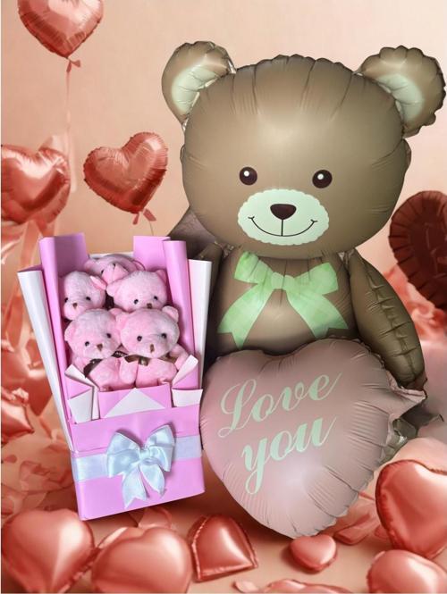 Kalpli Balonlu Ayıcık ile Pembe Peluş Ayıcık Buketi – Özel Hediye Seti