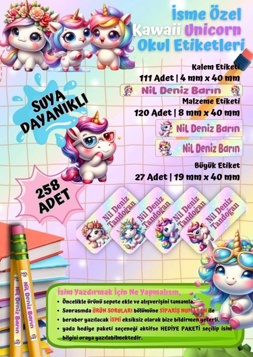 Yeni Unicorn Temalı Kişiye Özel Suya Dayanıklı Okul Etiketi Seti – 258 Adet İsimli Çıkartma