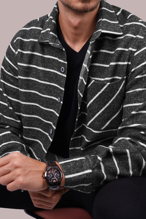 Antrasit Beyaz Çizgili Oversize Oduncu Erkek Gömlek