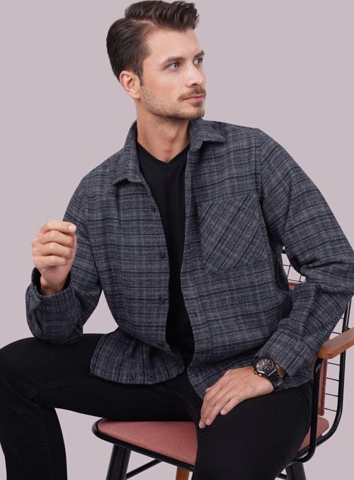 Lacivert Hasır Desenli Oversize Oduncu Erkek Gömlek