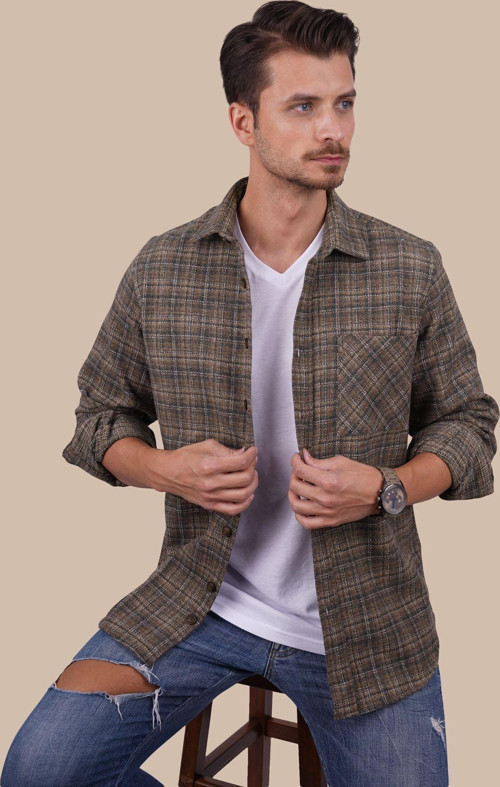 Kahverengi Hasır Desenli Oversize Oduncu Erkek Gömlek