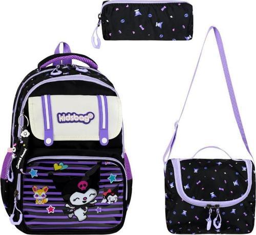 İlkokul Kız Çocuk Çantası 3'lü Set Kuromi Benzeri 40*30 Cm Beslenme Çantası Kalem Kutusu Ortopedik
