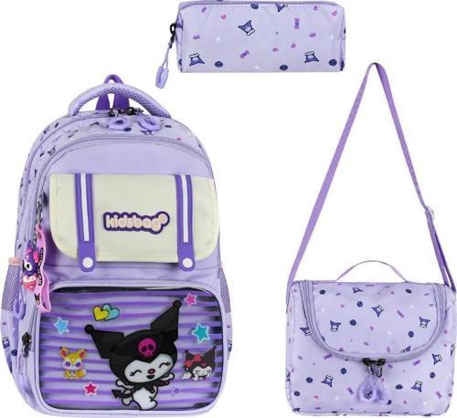 İlkokul Kız Çocuk Çantası 3'lü Set Kuromi Benzeri 40*30 Cm Beslenme Çantası Kalem Kutusu Ortopedik