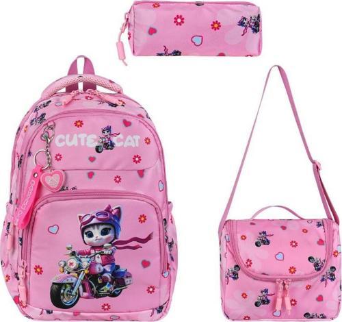 İlkokul Kız Çocuk Çantası 3'lü Set Sevimli Kedi 40*30 Cm Beslenme Çantası Kalem Kutusu Cute Cat
