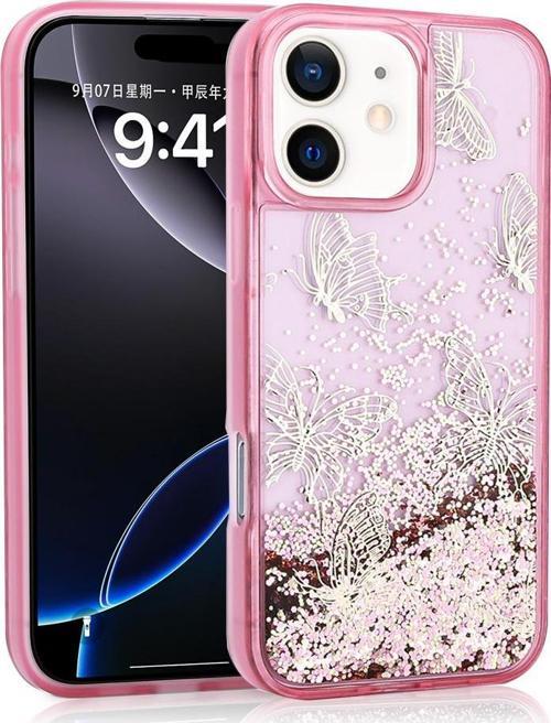 iPhone 12 - 12 Pro Kılıf Sıvılı Simli Kelebek Baskılı Şeffaf Arka Yüzey Glis Silikon Kılıf