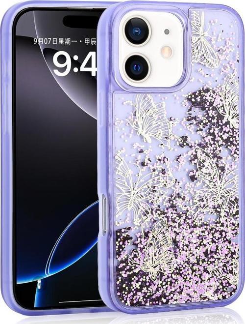 iPhone 12 - 12 Pro Kılıf Sıvılı Simli Kelebek Baskılı Şeffaf Arka Yüzey Glis Silikon Kılıf