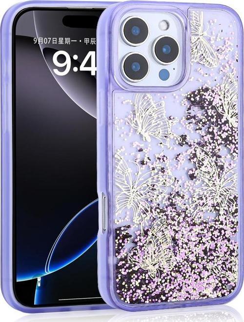 iPhone 14 Pro Max Kılıf Sıvılı Simli Kelebek Baskılı Şeffaf Arka Yüzey Glis Silikon Kılıf