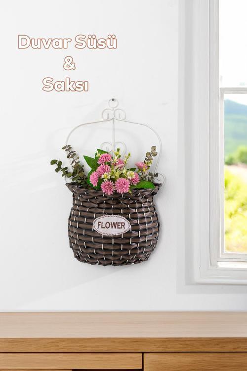 2066-1 Kahve Dekoratif Çok Amaçlı Saksılık Hasır Modelli Saksı Çiçeklik 24x40cm