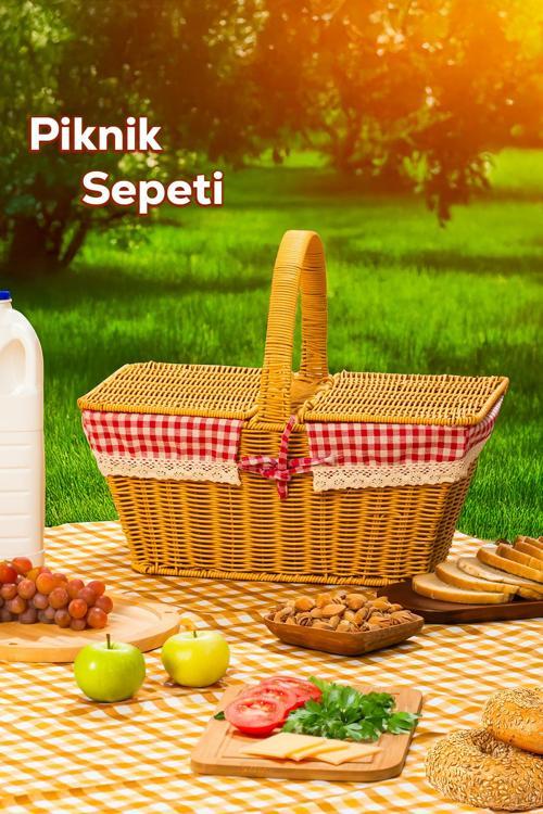 2079 Dökdörtgen Hasır Görünümlü Piknik Sepeti Piknik Çantası 42x37cm