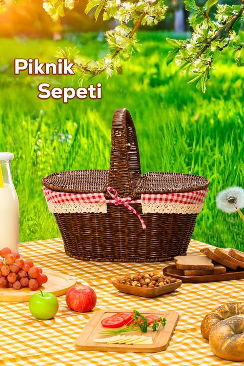 2080 Oval Hasır Görünümlü Piknik Sepeti Piknik Çantası 41x35cm