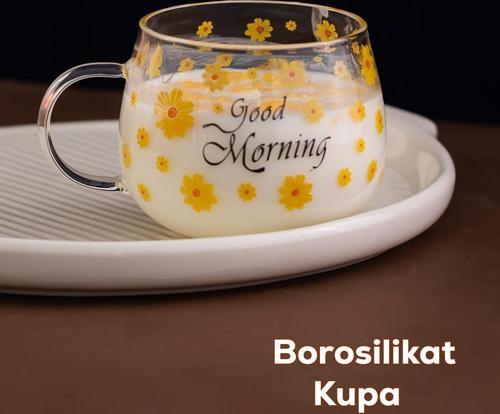 2089 Borosilikat Isıya Ateşe Dayanıklı Cam Kulplu Çay Bardağı Kahve Bardak Kupa Sarı 400 ml
