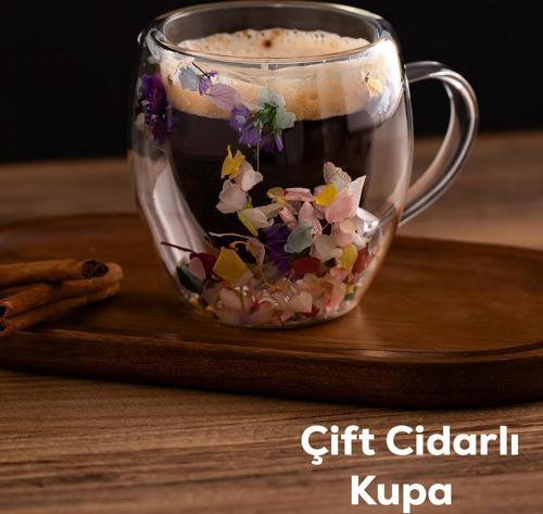 2090 Leafy Çift Cidarlı Cam Kupa Çay Kahve Kupası Isı Yalıtımlı Kulplu Cam Bardak 250ml