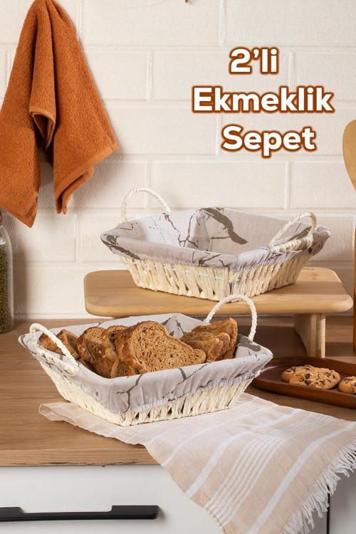 Mio-021 2Lİ Hasır Görünümlü Kulplu Kare Ekmek Sepeti Beyaz 25,5cm