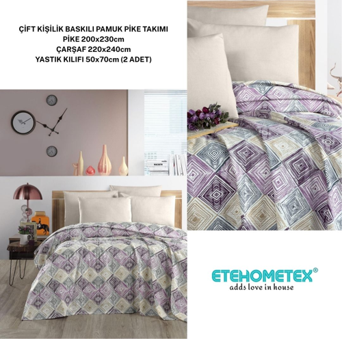 ETEHOMETEX ÇİFT KİŞİLİK BASKILI PAMUK PİKE TAKIMI FİNE 8696474231926