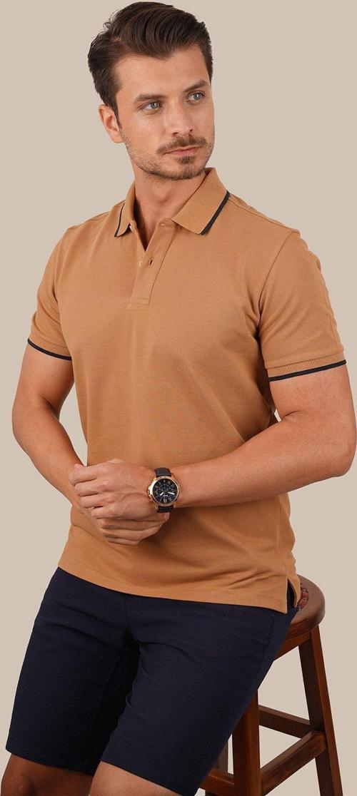 Taba Lacivert Yaka Çizgili Erkek Polo Yaka Tişört