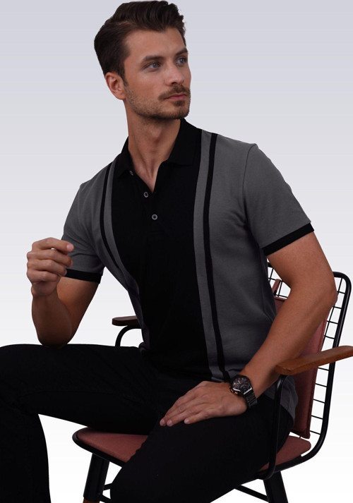 Füme Siyah Çift Renkli Erkek Polo Yaka Tişört