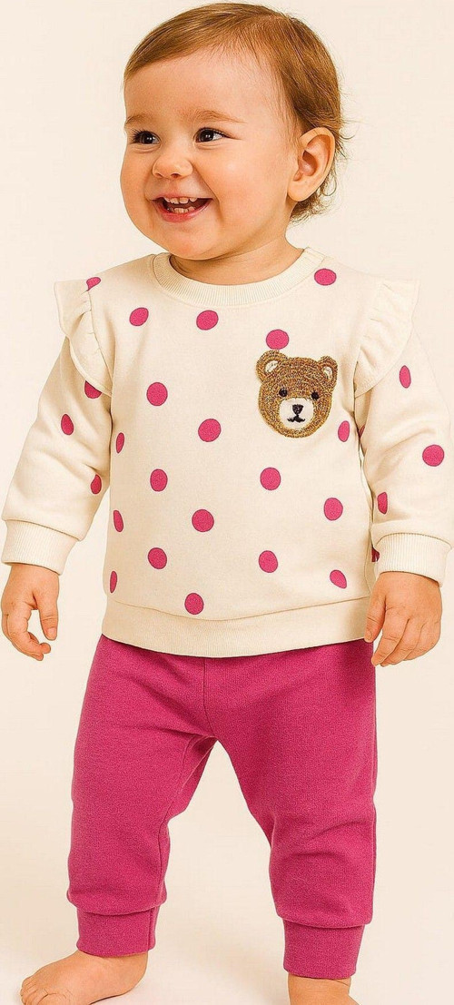 Kız Bebek/Çocuk Puantiyeli Punch Ayıcık Omuzu Çıtçıtlı Bebek Takımı 2Li Altüst Mevsimlik 3-6-9-12Ay