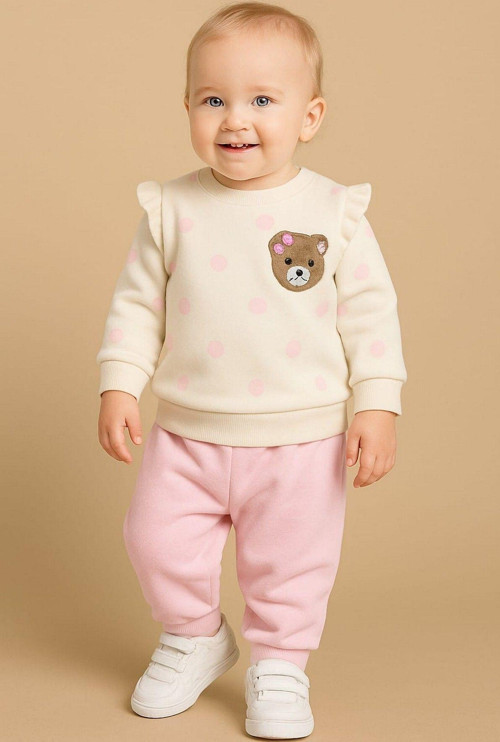 Kız Bebek/Çocuk Puantiyeli Punch Ayıcık Omuzu Çıtçıtlı Bebek Takımı 2Li Altüst Mevsimlik 3-6-9-12Ay