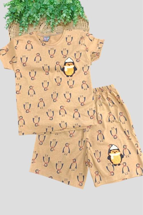 Penguen Desenli Çocuk Alt Üst 2Li Takım Yazlık Pijama