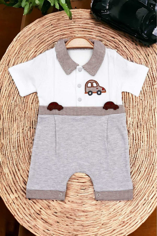 Erkek Bebek Arabalı Triko Gömlekli Alttan Çıt Çıtlı Tulum Takım 3-6-9 Aylık Bayramlık Hediyelik