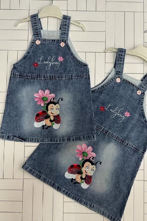 Kız Çocuk/Bebek Uğur Böcekli Lady Bug Baskılı Jile Elbise Kot Denim