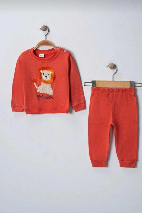 King Leon Aslan Figürlü Bebek Takımı Mevsimlik Waffle Kumaş 2Li Alt Üst Aylık 3-6-9-12Ay