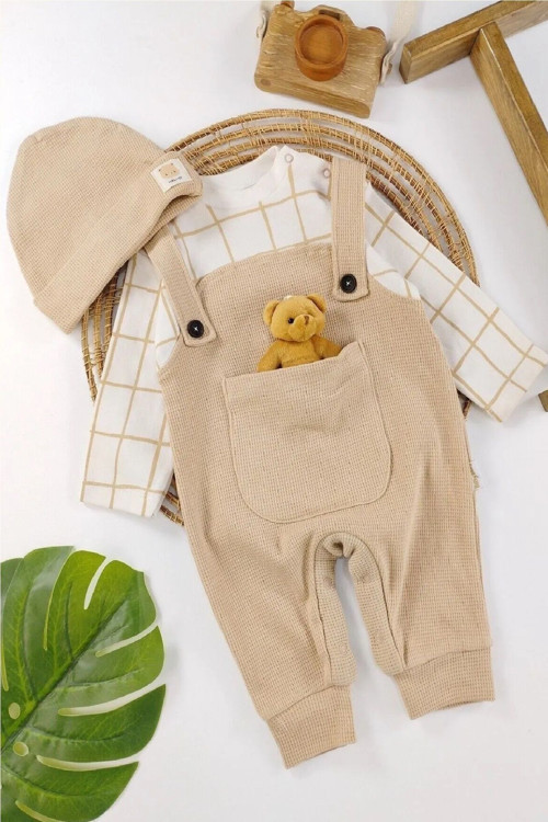 Waffle Bereli Ayıcık Oyuncaklı Rahat Kalıp Çıtçıtlı Erkek Bebek Tulum