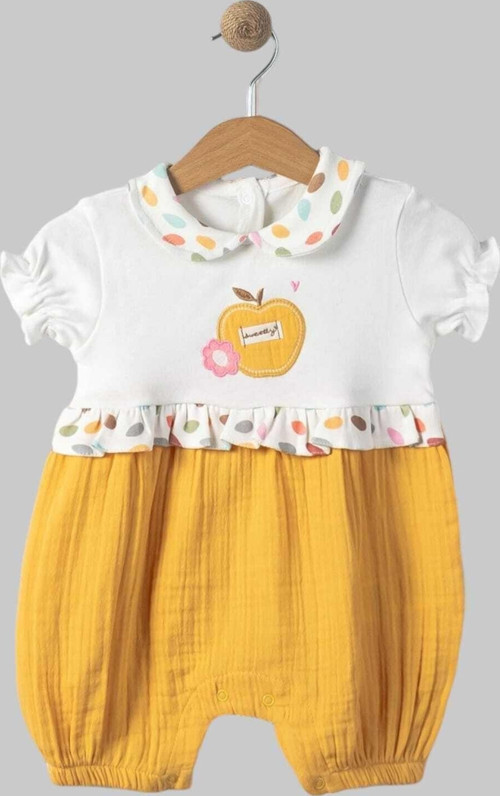 Organik Pamuk Bebe Yaka Elma Nakışlı Altı Müslin Kısa Kollu Kız Bebek Tulum 0-3/3-6/6-9/9-12 Aylık
