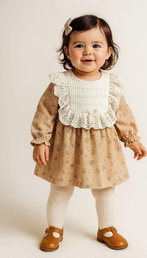 Kız Bebek Dantel Yaka Detaylı Vintage Çiçek Desenli Elbise Mevsimlik Şık Model 3-6-9-12-18-24Ay