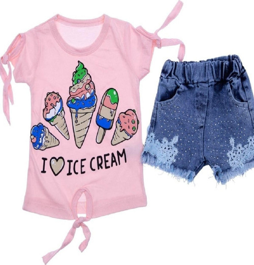 Kız Çocuk I Love Ice Cream Baskılı Tshırt Kot Şortlu Takım