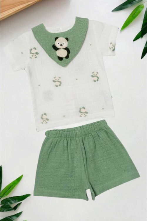 Panda Yaka Nakışlı Raporlu Müslin 2Li Takım Unisex Kız Erkek Bebek Yazlık Alt Üst Aylık