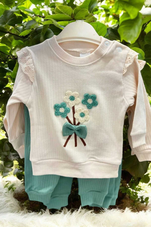 Kız Bebek Papatyalı Fiyonklu 2Li Alt Üst Takım Süzene Nakışlı Fitilli 2İplik Mevsimlik 3-6-9-12Ay