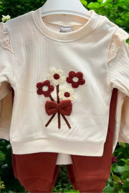 Kız Bebek Papatyalı Fiyonklu 2Li Alt Üst Takım Süzene Nakışlı Fitilli 2İplik Mevsimlik 3-6-9-12Ay